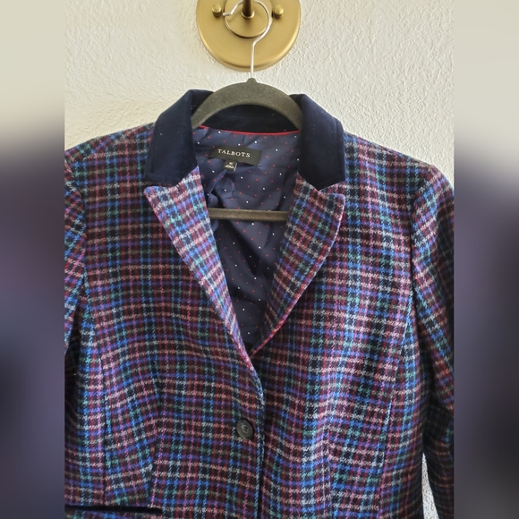 Talbots Wool Blend Tartan Plaid Blazer Navy Green Jacket Velvet Trim 10 $189 - Picture 2 of 7